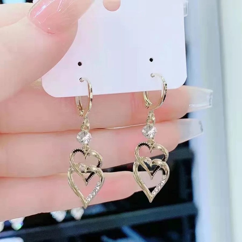 Luxuriöse Trendige Schwarze Doppelschicht-Ohrringe für Frauen, Koreanische Kristall-Zirkon Geometrische Ohrringe, Brautschmuck für Hochzeiten – Detail 7