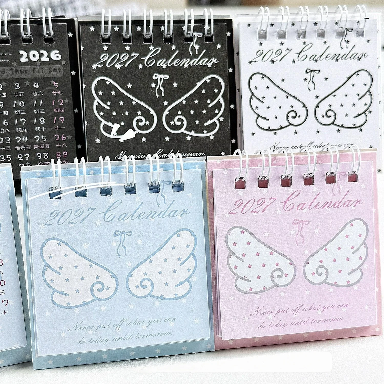 Mini Desk Calendar for School Office Tables Angel Wing Design Ins Style Calendar Books Clear Date Layout Printed Desktop Decor