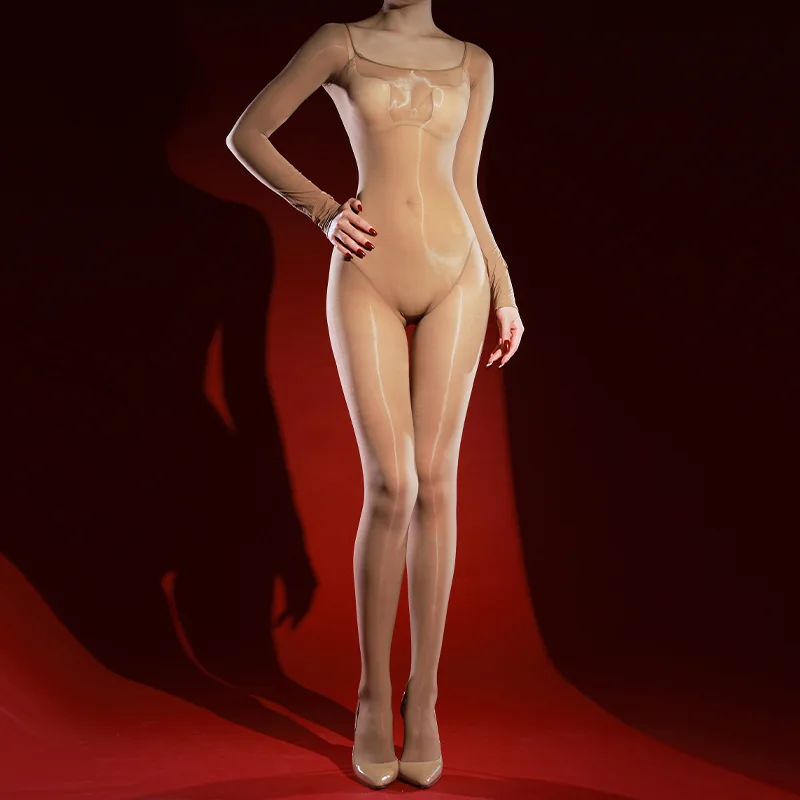 Sexy Full Body Stockings Jumpsuit Lady Oil Shiny Glossy Seamless Pantyhose 5D Ultra-thin Long sleeved Sheer See Through Bodysuit