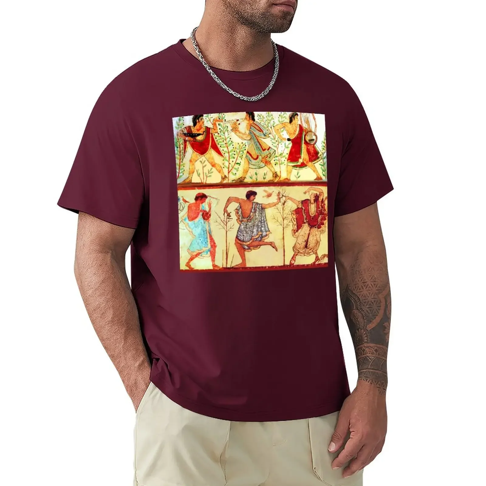 ETRUSCAN DANCERS AND MUSICIANS WITH LYRA AND AULOS PLAYER Antique Tarquinia Fresco T-Shirt oversizeds men t shirt