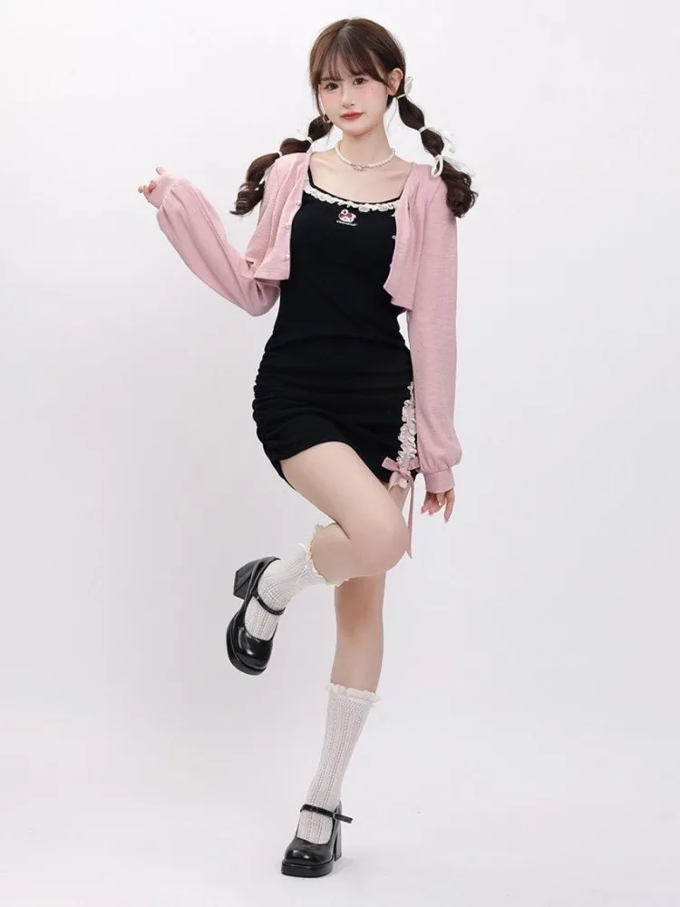 Cropped Solid Cardigan + Slim Embroidery Bandage Dress Women Autumn Y2k Aesthetic Two Pieces Set Streetwear Kawaii Cute Outfits