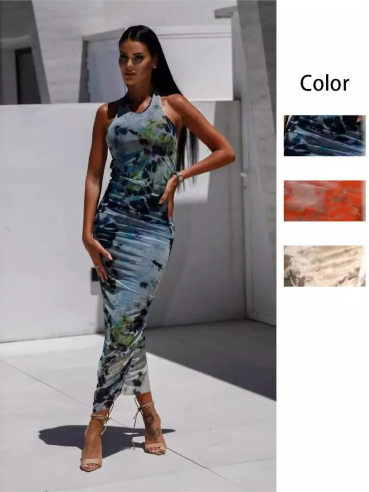 

Tie Dye Print Slim Halter Neck Long Dresses Women Fashion Sexy Backless Package Hip Bodycon Folds Long Dress Trendy Lady Vestido