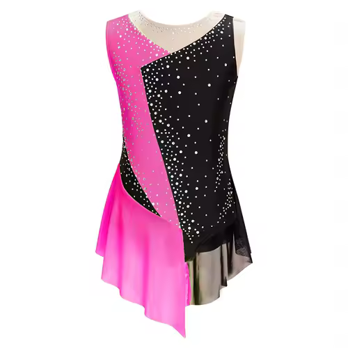 Kids Girls Figure Skating Rhythmic Gymnastics Leotard Dress Asymmetrical Split Shiny Rhinestones Contrast Color Dress Ballerina - Image 29