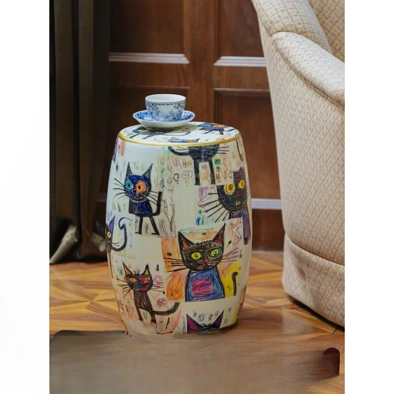 

Drum stool, painted ceramic seat pier, French antique living room side bedrooms