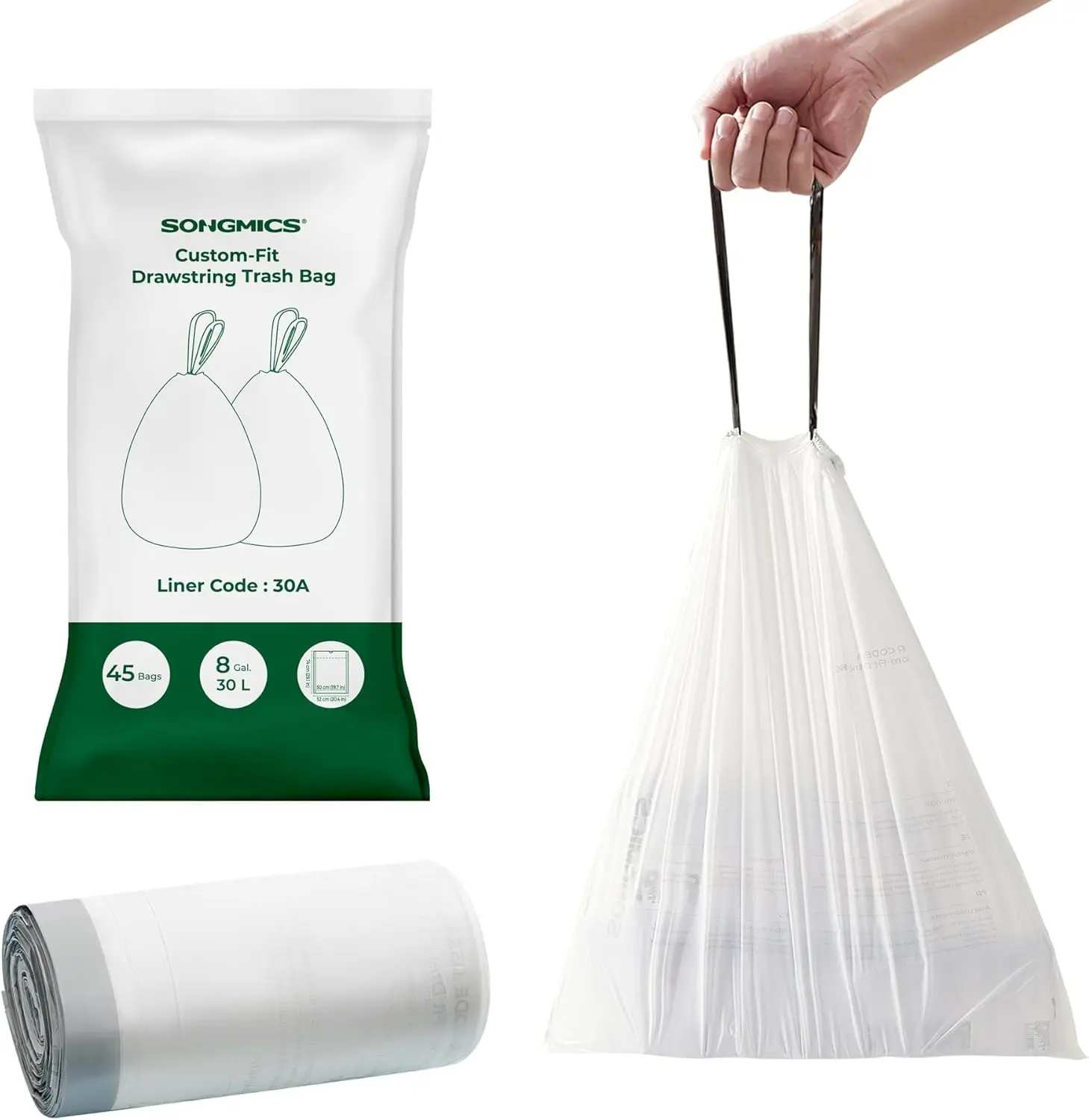 Bolsas de Basura Resistentes con Cordón, 8 Galones (30L), Pre-Separadas, 45 Unidades, Blancas