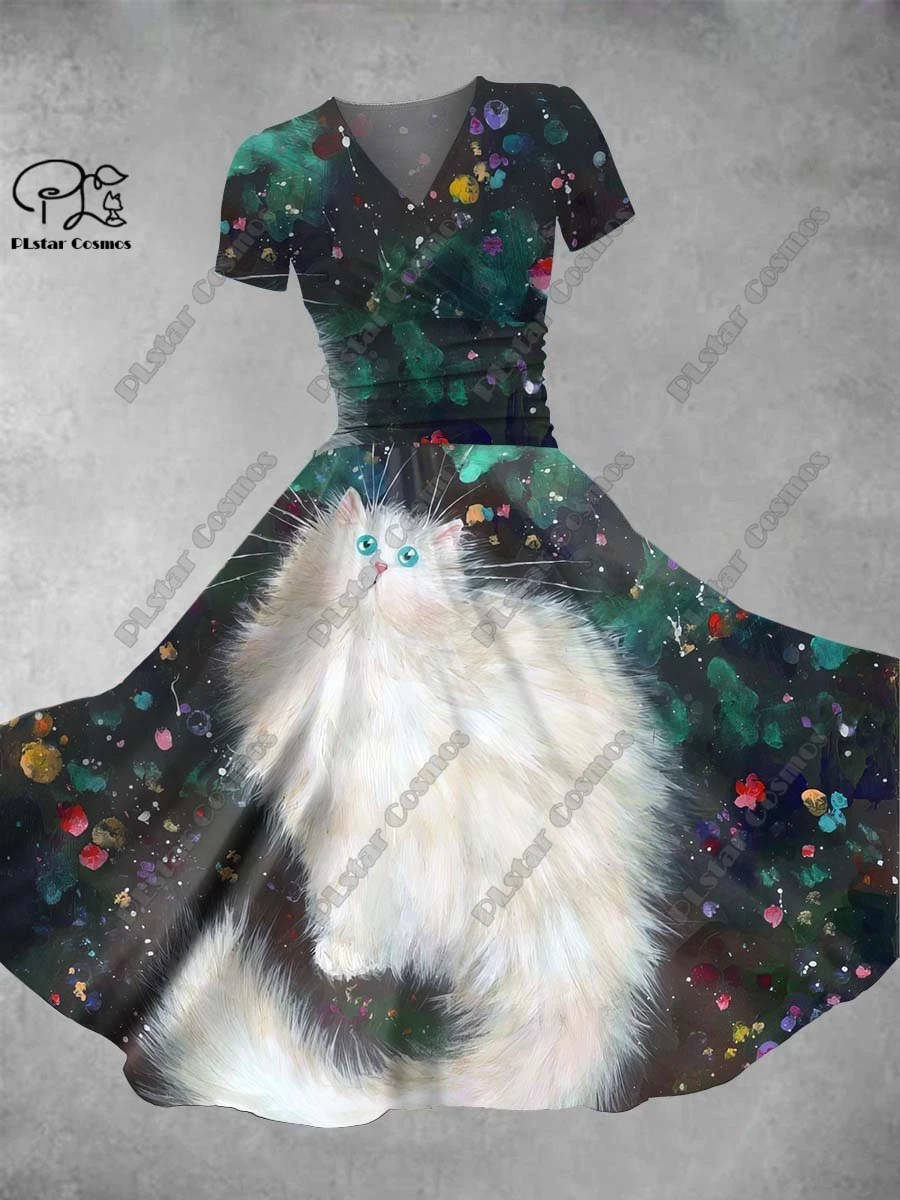 Gonna floreale stampata in 3D Serie San Valentino Abito completo con scollo a V stampato a maniche corte Gonna lunga a trapezio moda casual