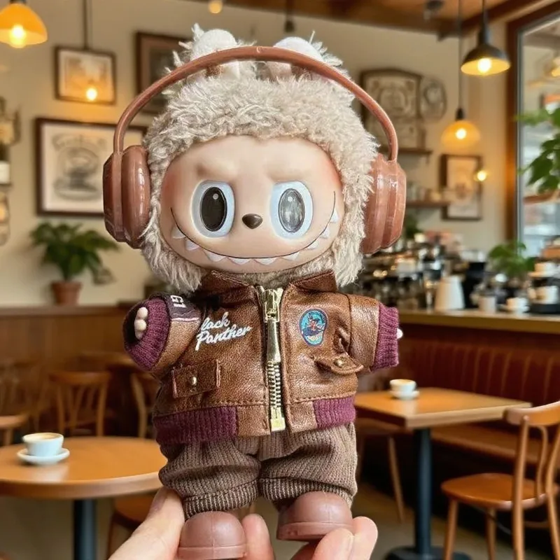 Muñeco de caja sorpresa, ropa de peluche estilo retro para muñeco, chaqueta de aviador marrón, accesorios de moda de cuero, ropa para muñecos de 15~17CM, accesorios aplicables para muñecos.