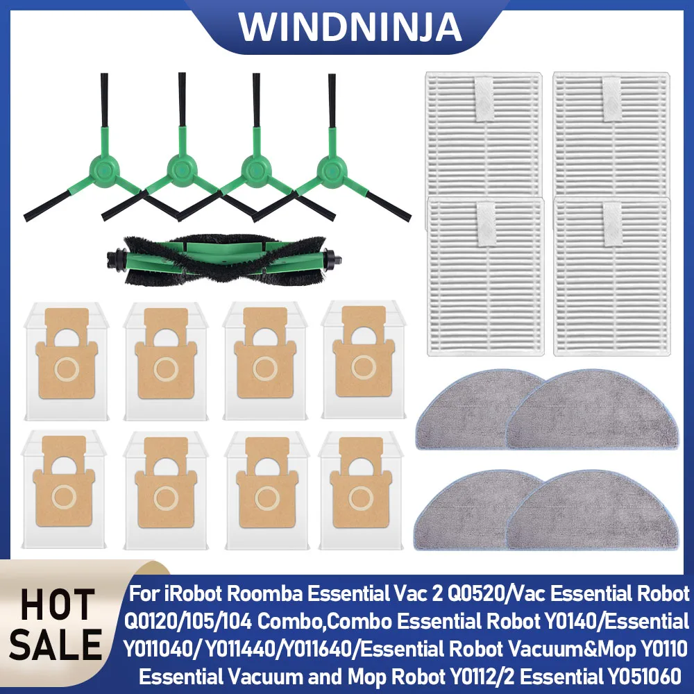 Seitenbürsten passend für iRobot Roomba 105 Vac/Combo 2 Essential Y051060/Y051260/Essential Vac 2 Q0520, HEPA-Filter, Wischmopp, Staubbeutel, Ersatzteil