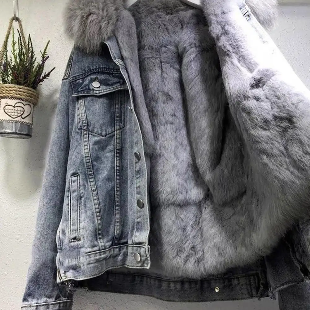 Thickened Cotton Coat Women's Cropped Denim Jacket Hood Thickened Plush Long Sleeves Pockets Coat Windproof Warm Denim Parkas