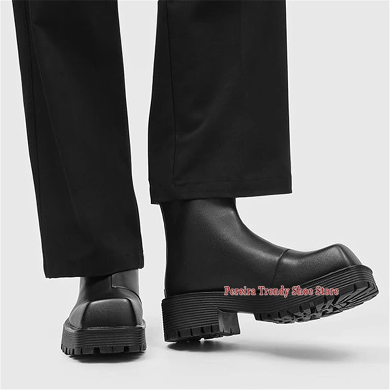 Square Toe Chunky Platform Ankle Boots Street Style PU Leather Back Zipper Motorcycle Boots Autumn Winter Trendy Men's Shoes