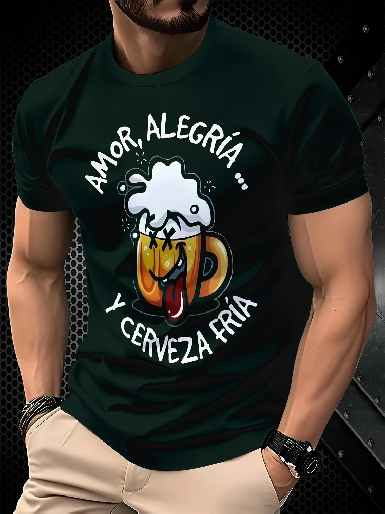 

Men's casual cotton short-sleeved T-shirt with beer mug pattern and Spanish print -O-neck summer T-shirt.