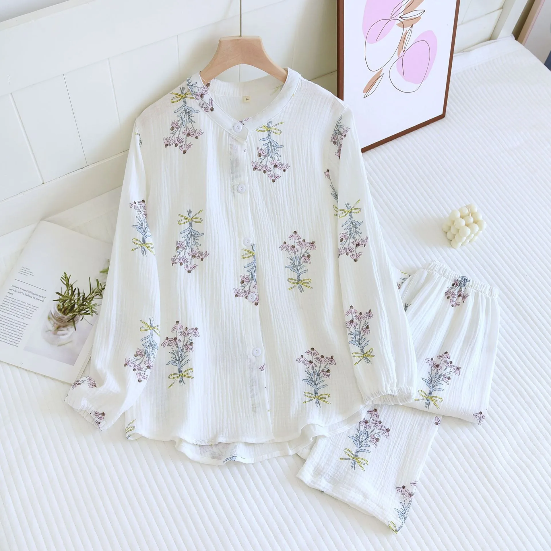 Spring Autumn New Pajama Set Women's 100% Cotton Crepe Daisy Bouquet  Cardigan Cute Sweet Long Sleeve Pants Two Piece Home Suit