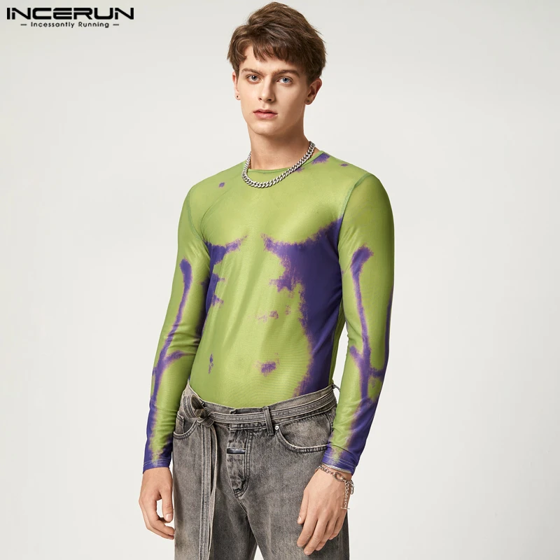 INCERUN 2023 Fashion Men T Shirt Printing O-neck Long Sleeve Mesh Transparent Streetwear Casual Camisetas Sexy Men Undershirt