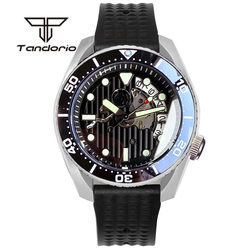 Tandorio NH35A Hollow Dial Date SBDX001 42.5mm 200m Dive Automatic Watch for Men Brushed Case 3.8 Crown Sapphire Glass Luminous