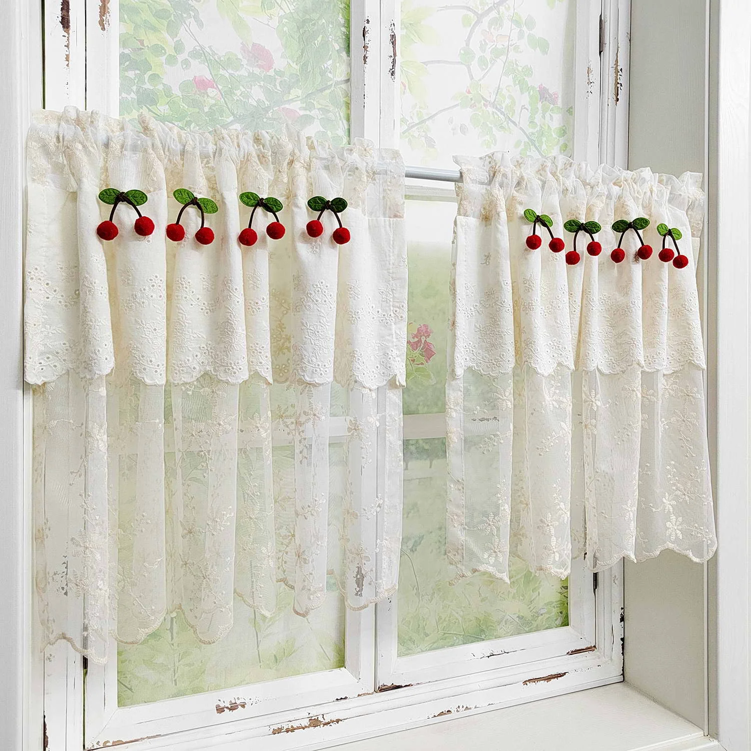 Exquisite Cherry Lace Tulle Short Curtain Valance Double Layer Floral Voile Roman Curtain for Kitchen Cafe Study Home Decor