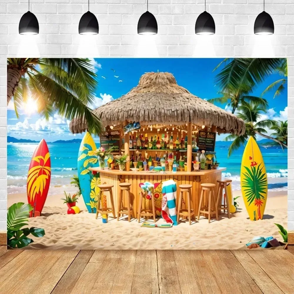 Hawaiian Luau Party Backdrop Tapestry 2D Flat Printed Peach Skin Tiki Bar Wall Cloth Tropical Ocean Surfboard for Living Room