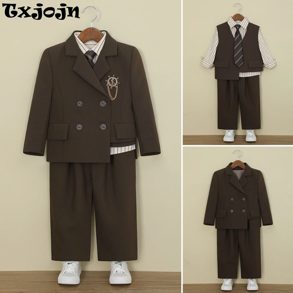 Casual Handsome Kids Suit Set 6 Pieces 90-160cm Notched Lapel Boys Formal Suits For Piano Performance Stylish Party Tuxedo