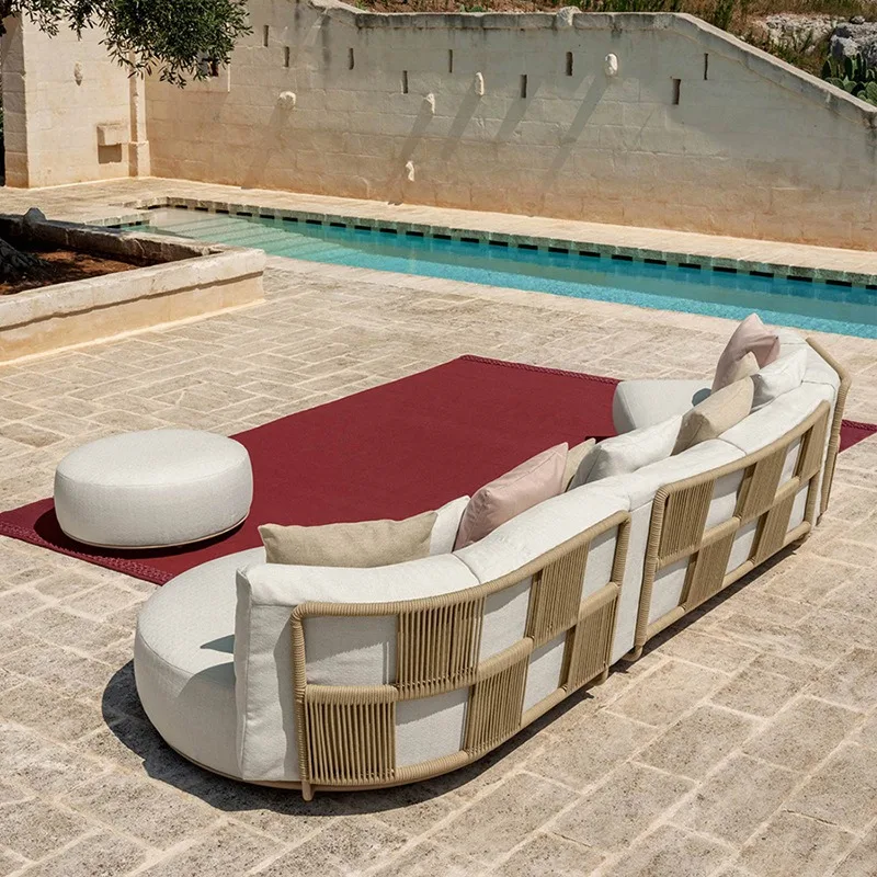 Outdoor sofa courtyard combination villa garden terrace rattan chair, curved outdoor model room sun room rattan furniture