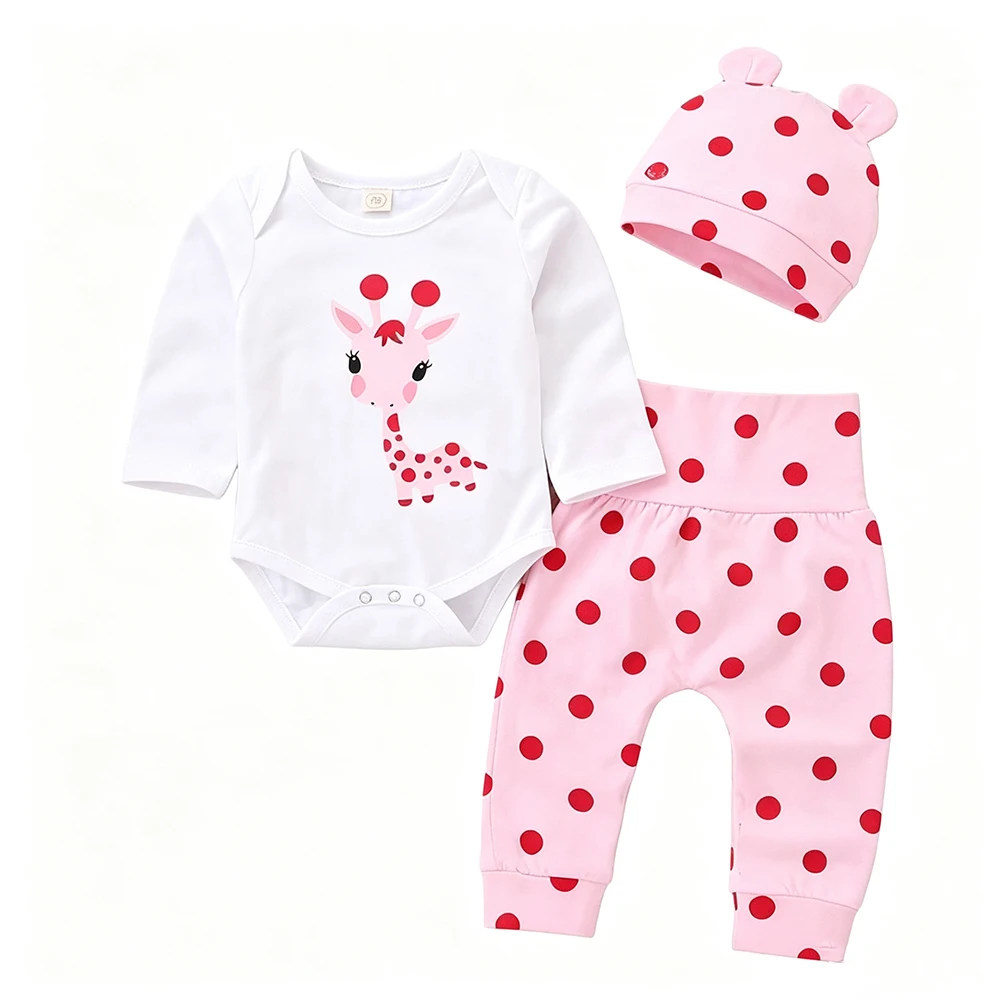 Cotton Long Sleeve 3Pcs Outfit Set With Hat Giraffe Pattern Unisex Infant Clothing for All Season