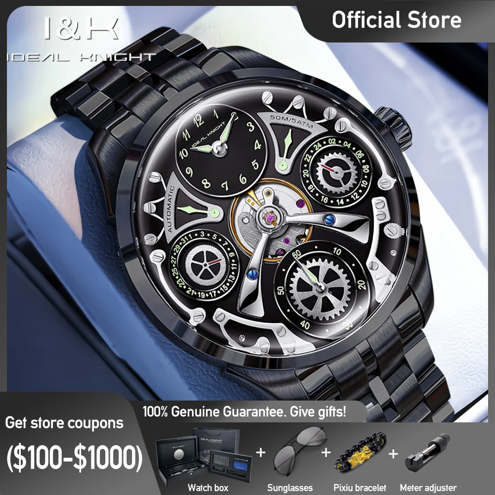 IDEAL KNIGHT 6820 Watch Date Dial Automatic Mechanical Movement Night Light Display Dome-shaped Sapphire Crystal Watch For Men