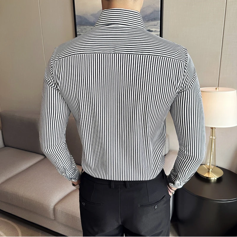 Men Clothing Slim Fit Business Formal Wear Men\'s Social Shirt Dress Tuxedo Stripe New Solid Long Sleeve Shirts Plus Size 4XL-M