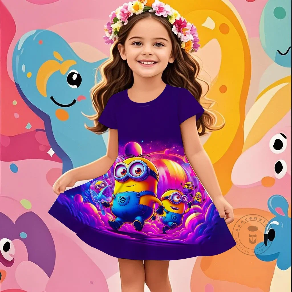 Hot Koop Kids Meisje Grappige Minions Top 3D Prinses Jurk Voor 2-14 Jaar Meisjes Verjaardagsfeestje Jurken comfortabele Korte Mouwen