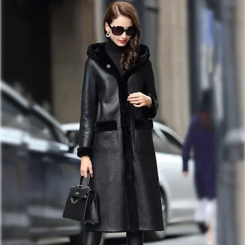 2023 New Leather and Fur Integrated Women Coat Medium Long Double Sided Leather Coat Hooded Sheep Sheared Fur Grass Upscale Coat