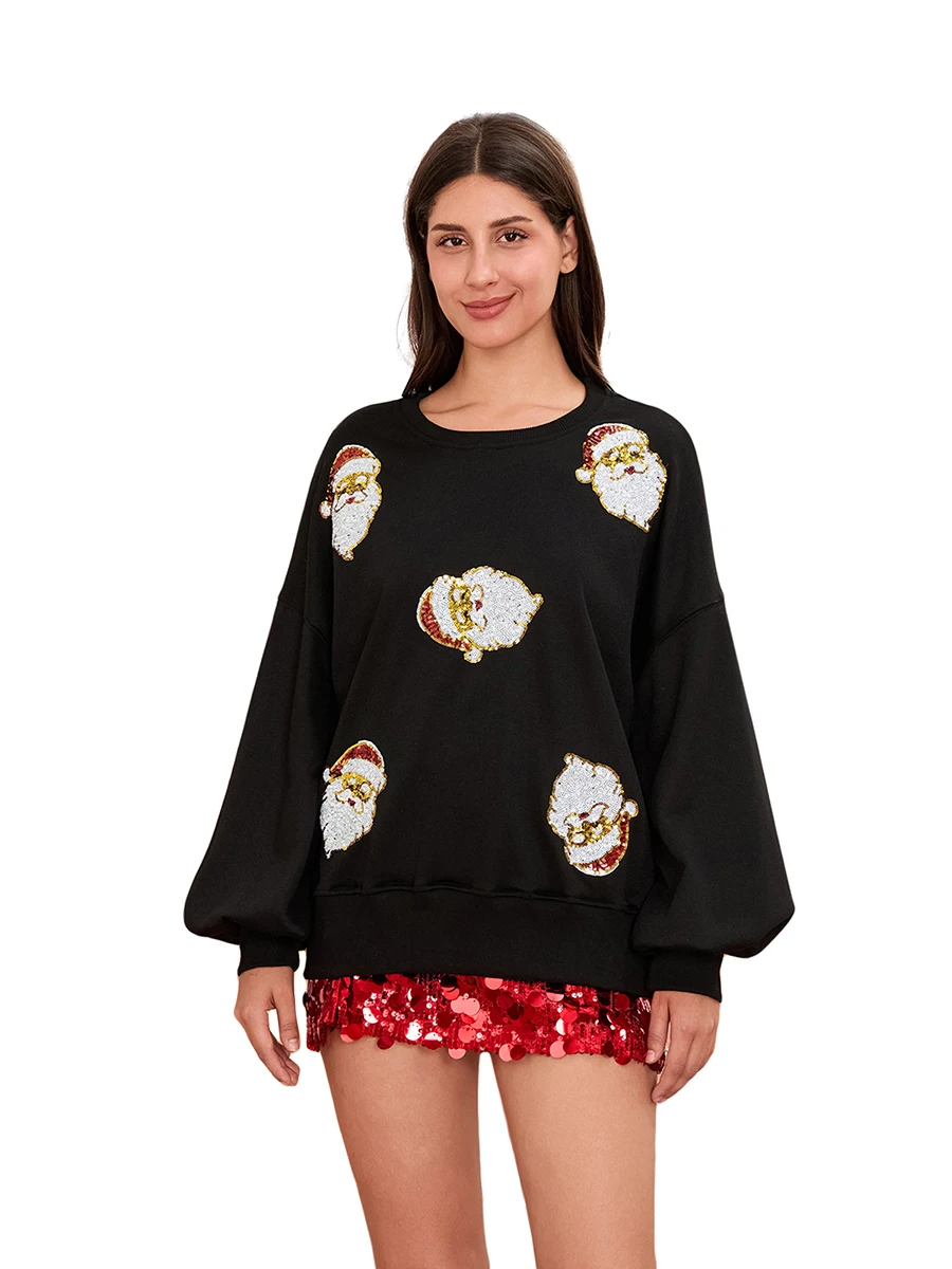 Women s Fall Loose Pullover Sequin Santa Claus Long Sleeve Crew Neck Sweatshirt for Christmas