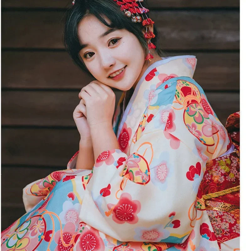 Japanese Traditional Kimono Gown With Obi Print Flower Airy Dresses Costume Women Ladies Geisha Haori Yukata Kimono Gown Suit