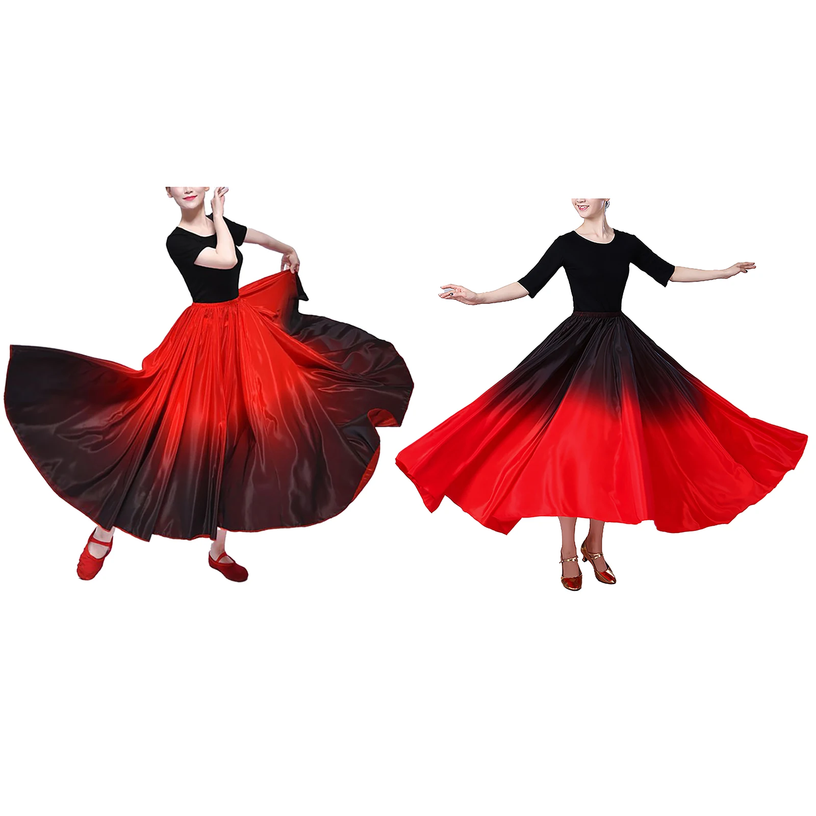 Women's Spanish Dance Long Skirts Flamenco Ballroom Dance Wear Stage Performance Costume Contract Color Wide Hemline Skirts 360D