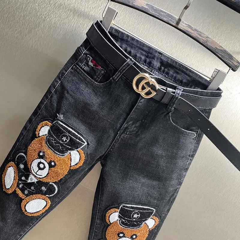 Patch Bears High Waist Women Jeans All-match High Waist Autumn Long Denim Trousers Black Stretch Skinny Tight Pencil Pants