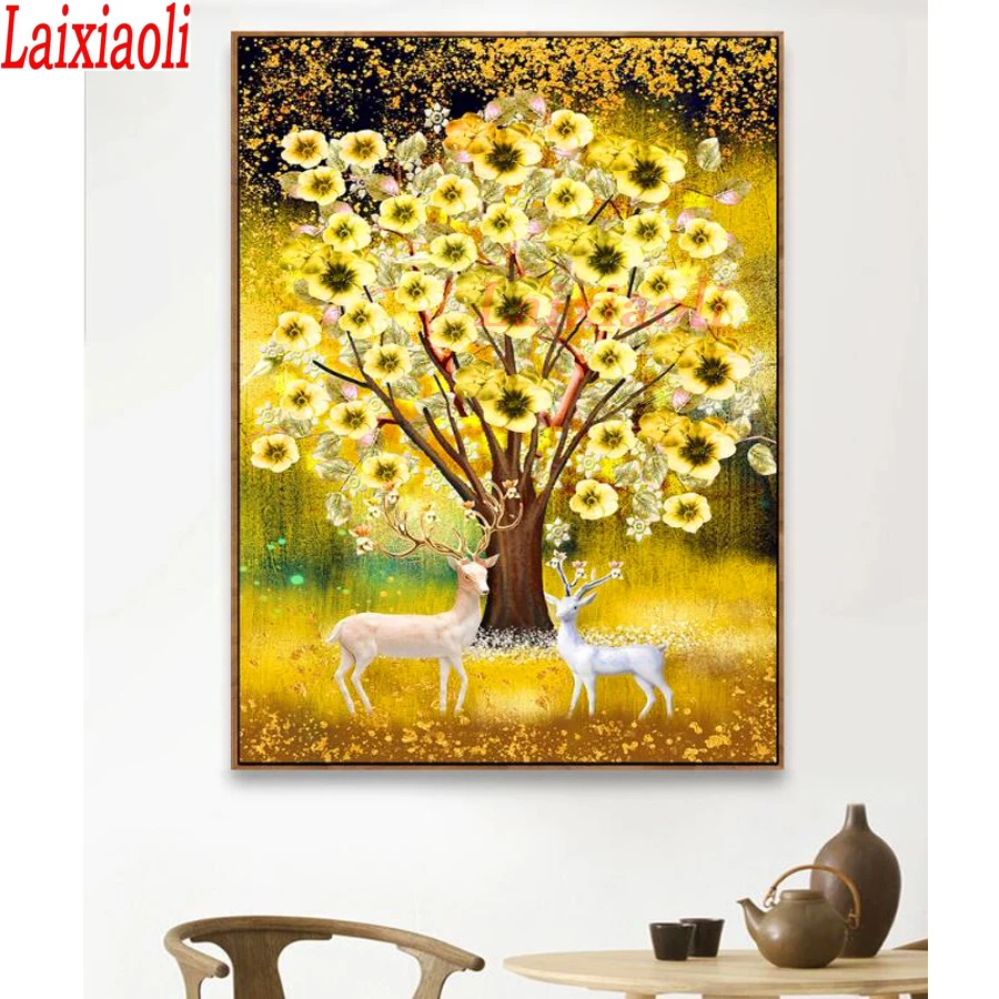 full drill square round Diamond Embroidery Gold wall fortune tree elk porch background wall 5d Diy diamond painting Mosaic decor