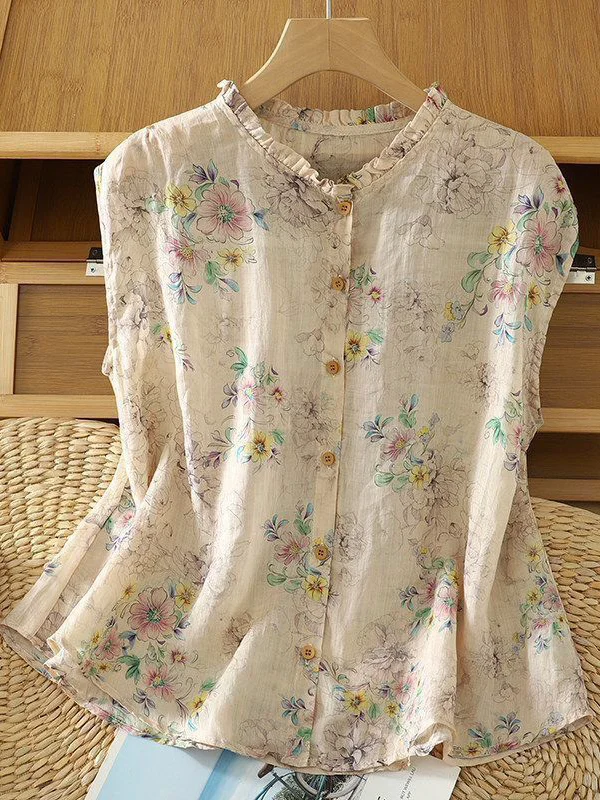 Elegant Large Size Retro Floral Print Sleeveless Shirt Thin Earlet Collar Summer New Style Lightweight Artistic Versatile Shirt