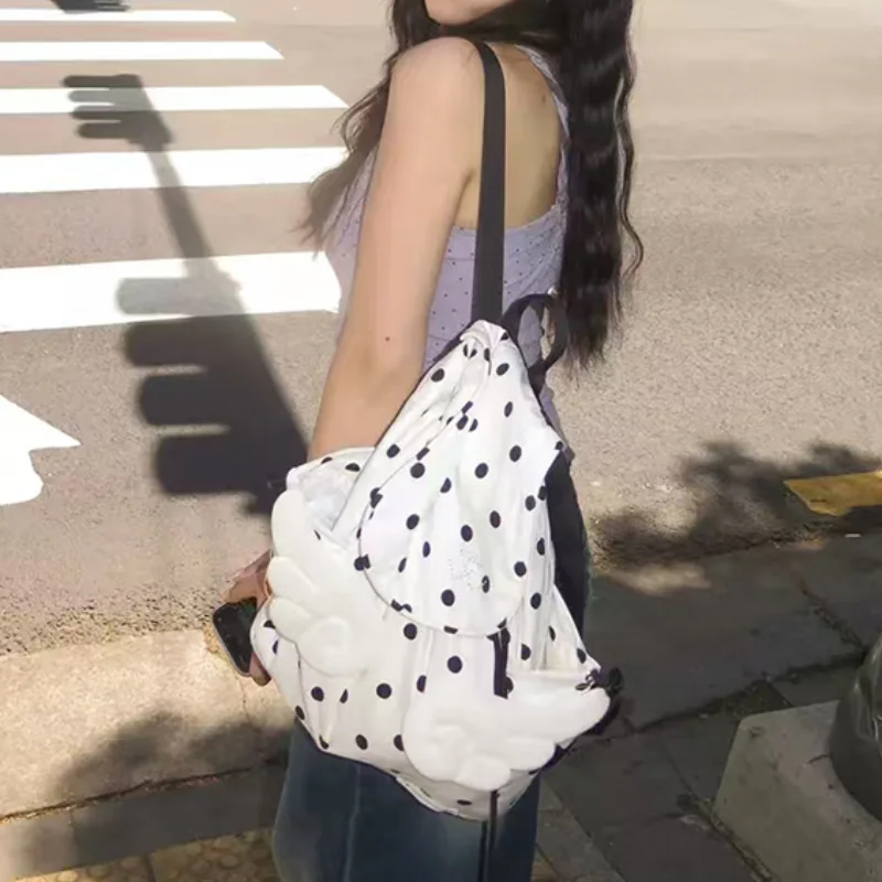 Y2k Cute Polka Dot Backpack Girls 3d Angel Wings Design Drawstring Flap Backpack Kawaii Sweet Style Lightweight Daily School Bag