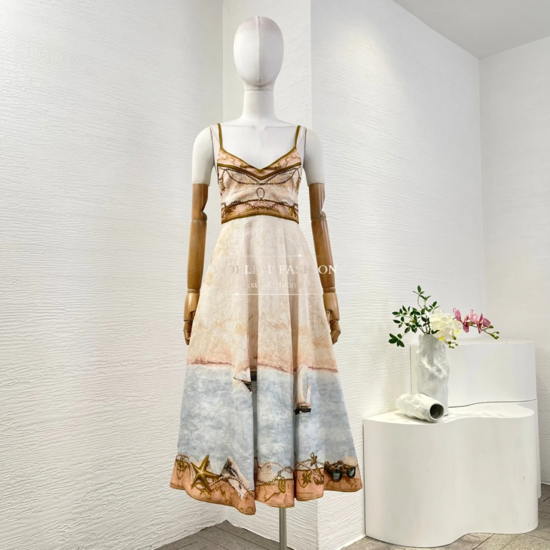 

Pink Starfish Sailboat Position Print Sleeveless Midi Dress