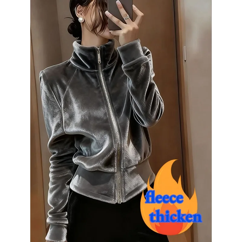 

Gray Velvet Thickened Jacket for Women's 2025 New Autumn and Winter Temperament Advanced Super Good-looking Stand-up Collar Top