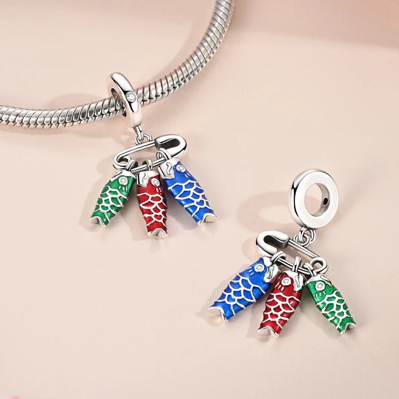

Hot Sale Japan Koinobori Charms 925 Sterling Silver Colorful Fish Dangle Pendant Fit Bangle Bracelet Necklace DIY Jewelry