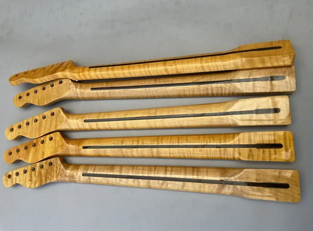 1 Pcs Finished Flame Maple 21 Fret Electric Guitar Neck 25.5inch Dot Inlay Bolt on Heel Yellow Paint DIY Project Back Stripe