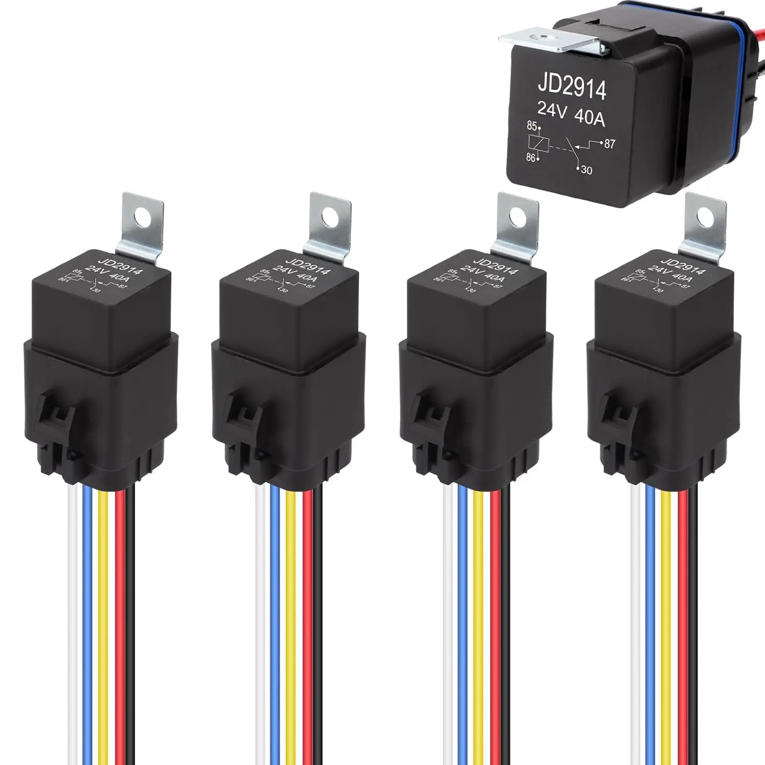 JD1912 Car Relay Harness 24V 40A 5 Pin SPST Harness Sockets with Color-labeled Wires for Automotive Truck Van Motorcycle Boat