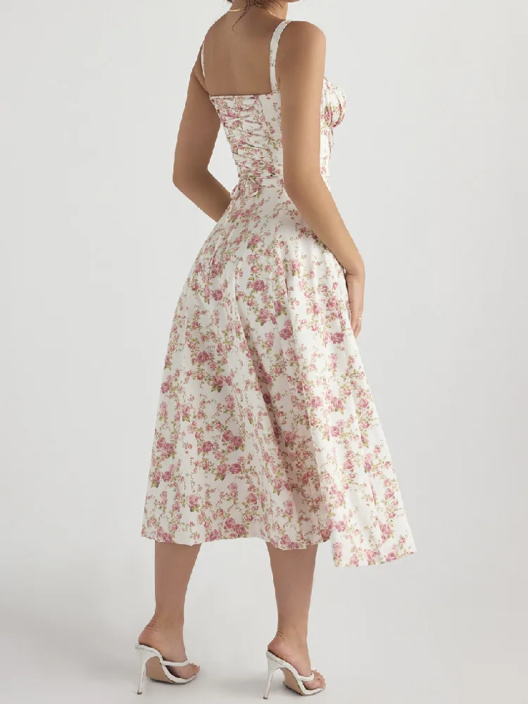 Vestido de tirantes con estampado de flores en la espalda, vestido Sexy con lazo plisado, fruncido, dobladillo en el pecho, bata Midi oscilante