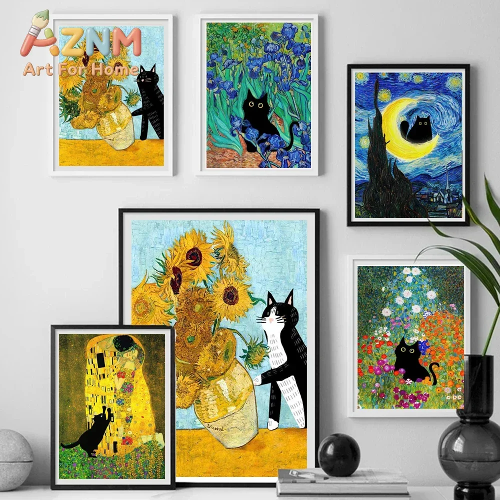 Abstract Black Cat Knocks Van Gogh Sunflower Funny Poster Graffiti Art Background Wall Canvas Painting Decorative Print Pictu