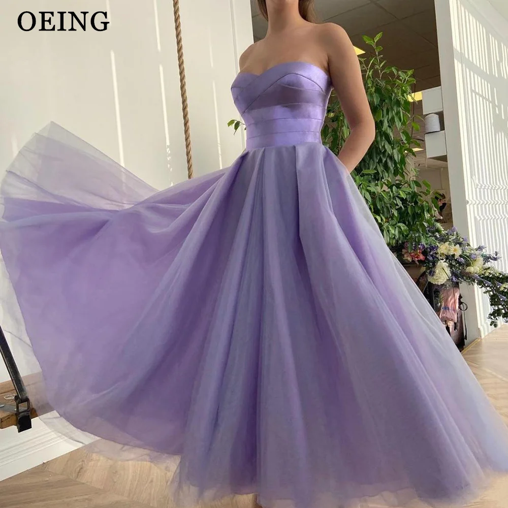 

OEING Fairy Strapless Midi Evening Dresses Sweetheart Pleats Ankle Length Prom Gowns Formal A Line Party Dress With Pockets