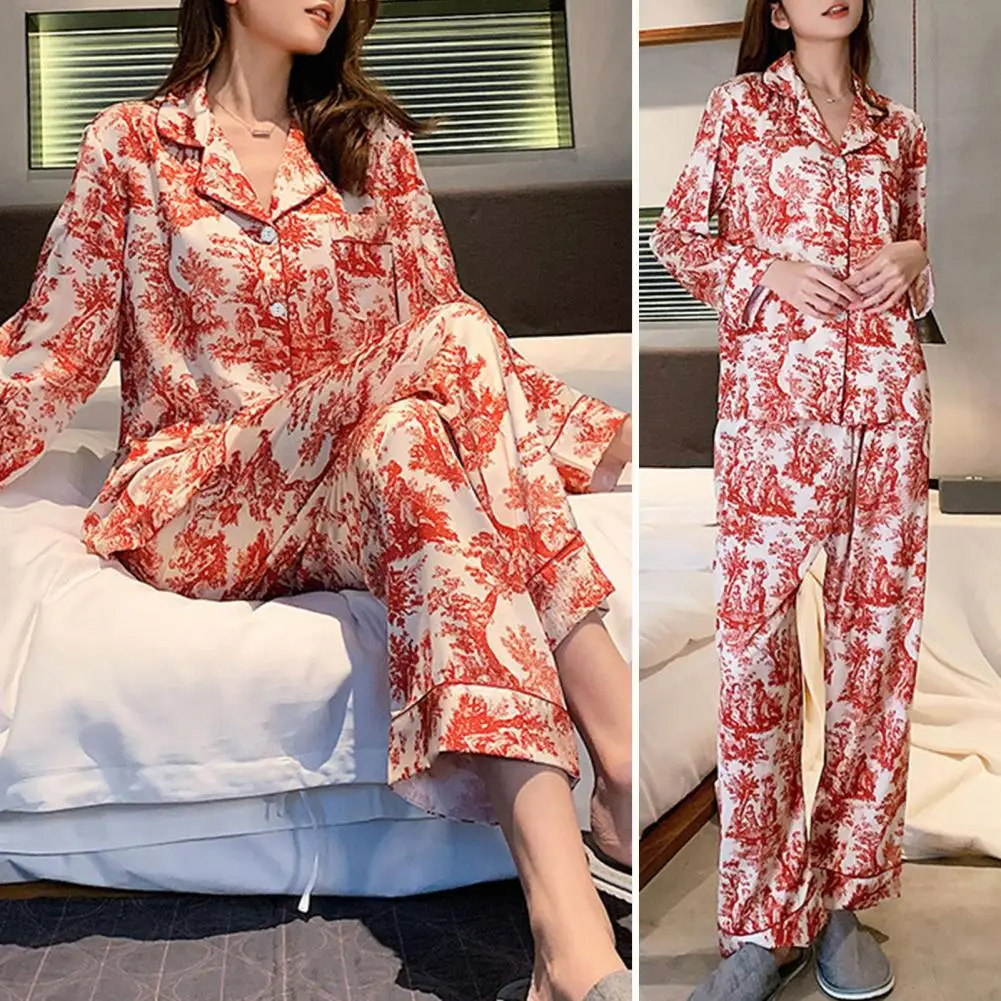 

Women Spring Pajamas Floral Print Women's Pajama Set Stylish Single-breasted Homewear with Loose Fit Lapel for Spring/fall