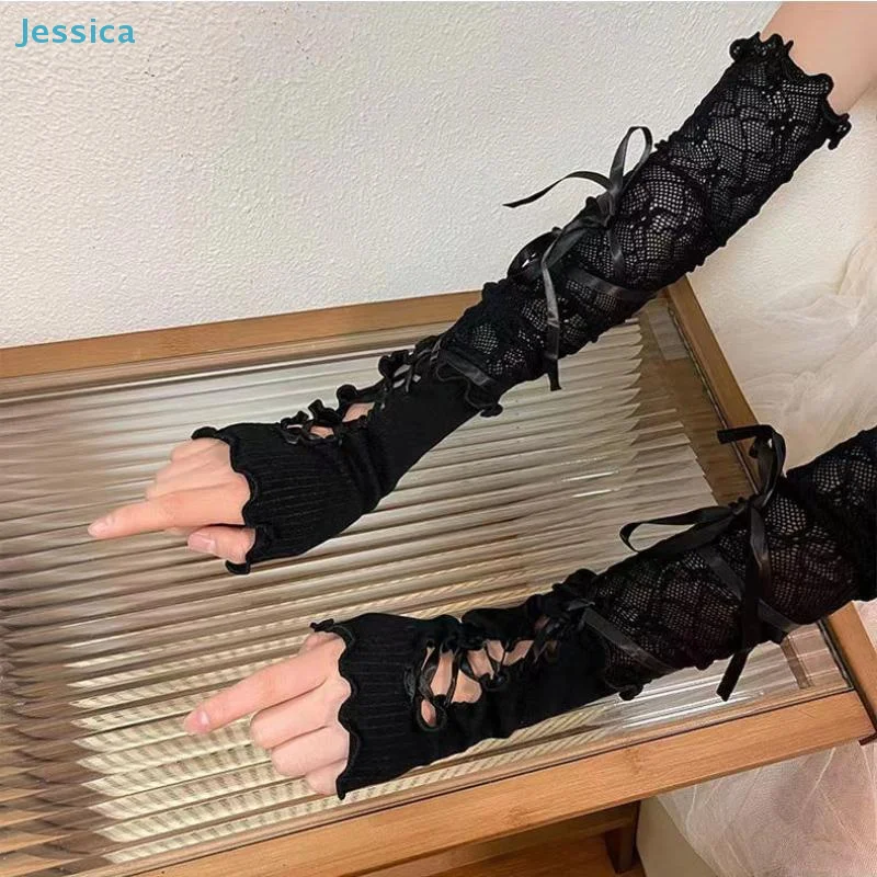 ♥Black Lace Arm Warmers with Lace-Up Detail - Gothic Lolita Fingerless Gloves for Cosplay, Party & Fashion Accessory
