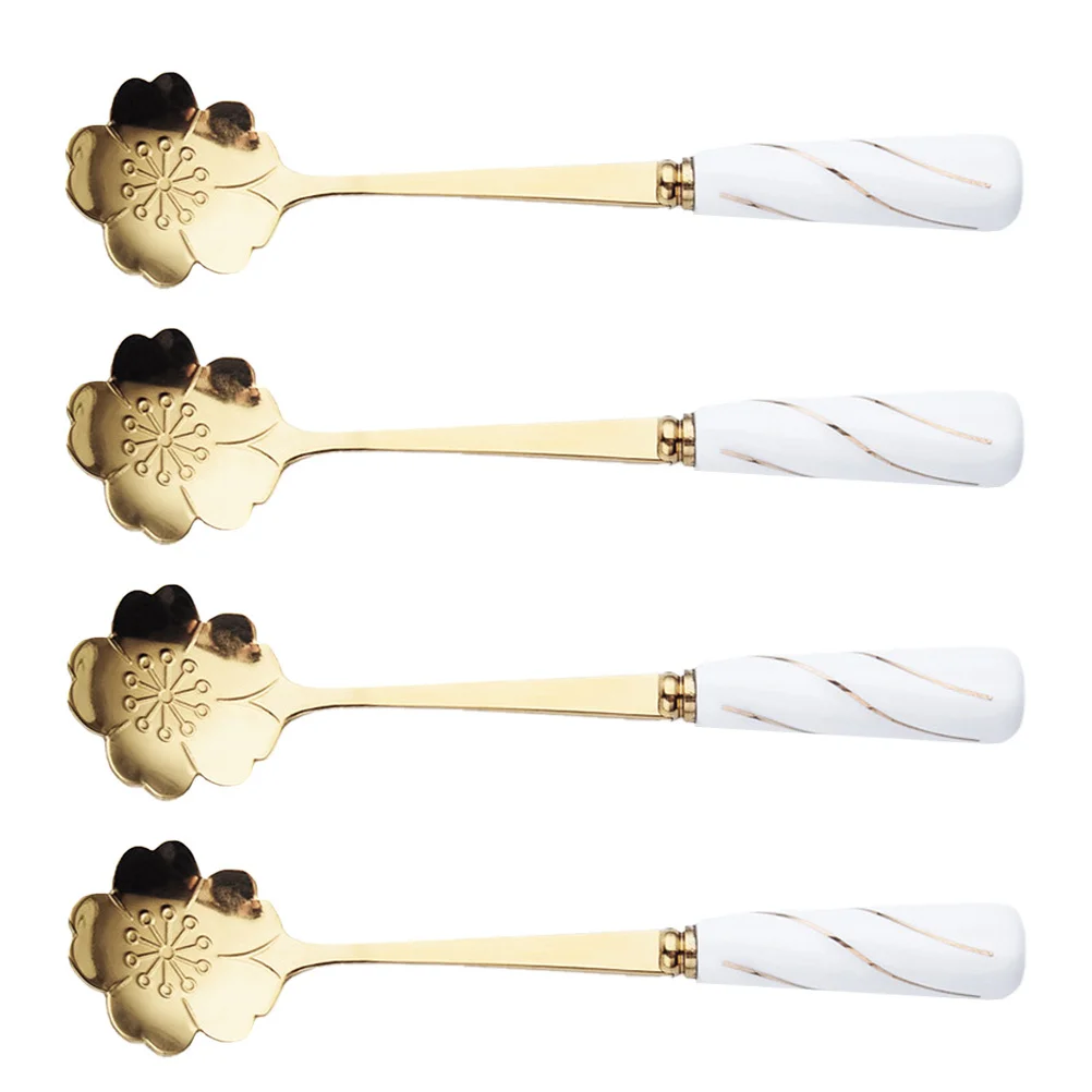 

4Pcs Stylish Flower-Shaped Stainless Steel Spoon Multipurpose Dessert Scoop for Coffee Ice Cream Cake Creative Mixing Tool