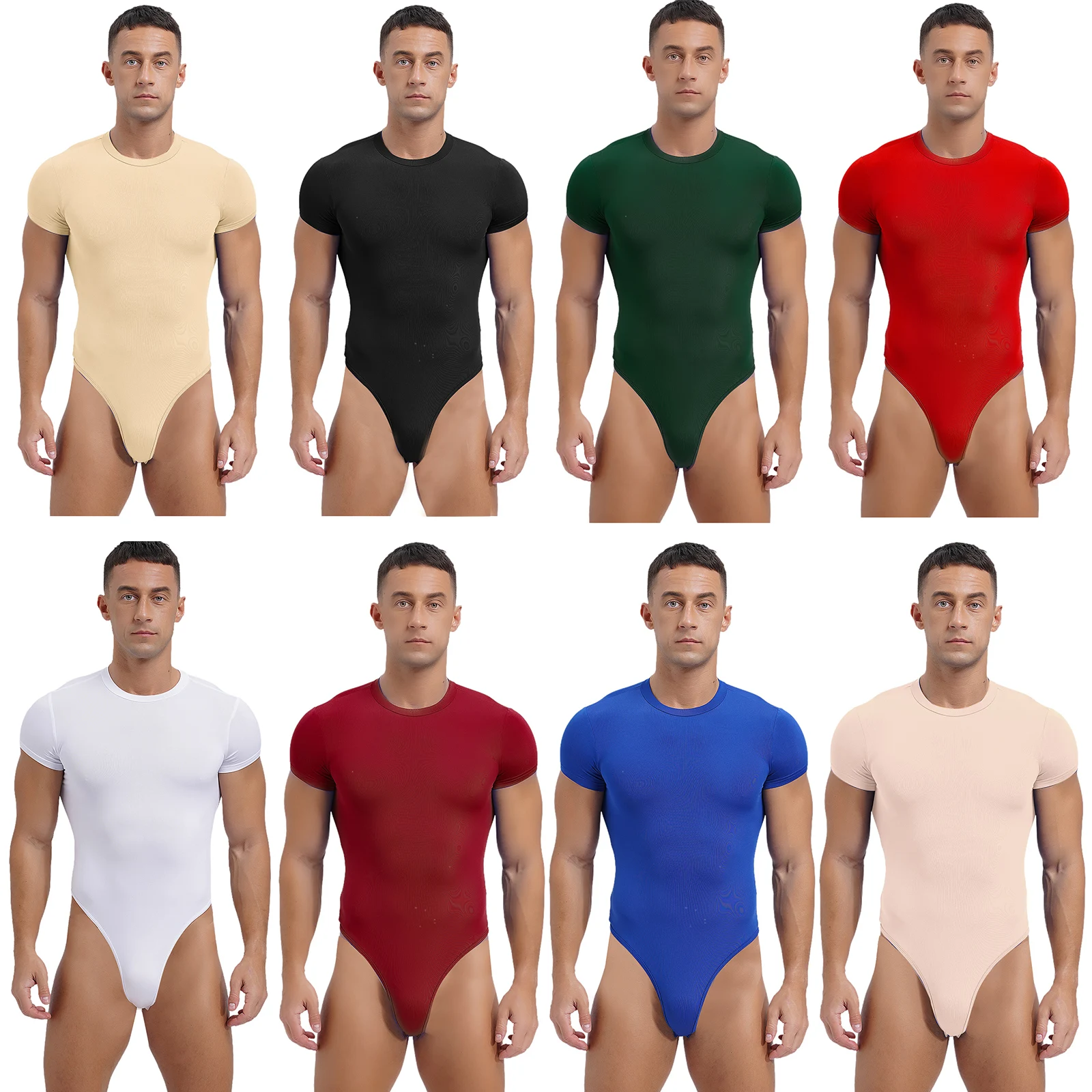 Mens Bodysuit Athletic Sports Gymnastics Leotard Short Sleeve Buttoned Crotch Jumpsuit Solid Color Rompers for Bodybuilding Yoga