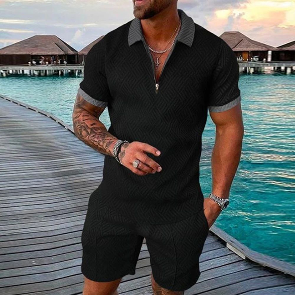 Men\'s Athletic T-Shirt Set Casual Mesh Lapel Short Sleeve Pullover Tops+Shorts 2-Piece Solid Thin Sporty Suits Black 2pcs Sets