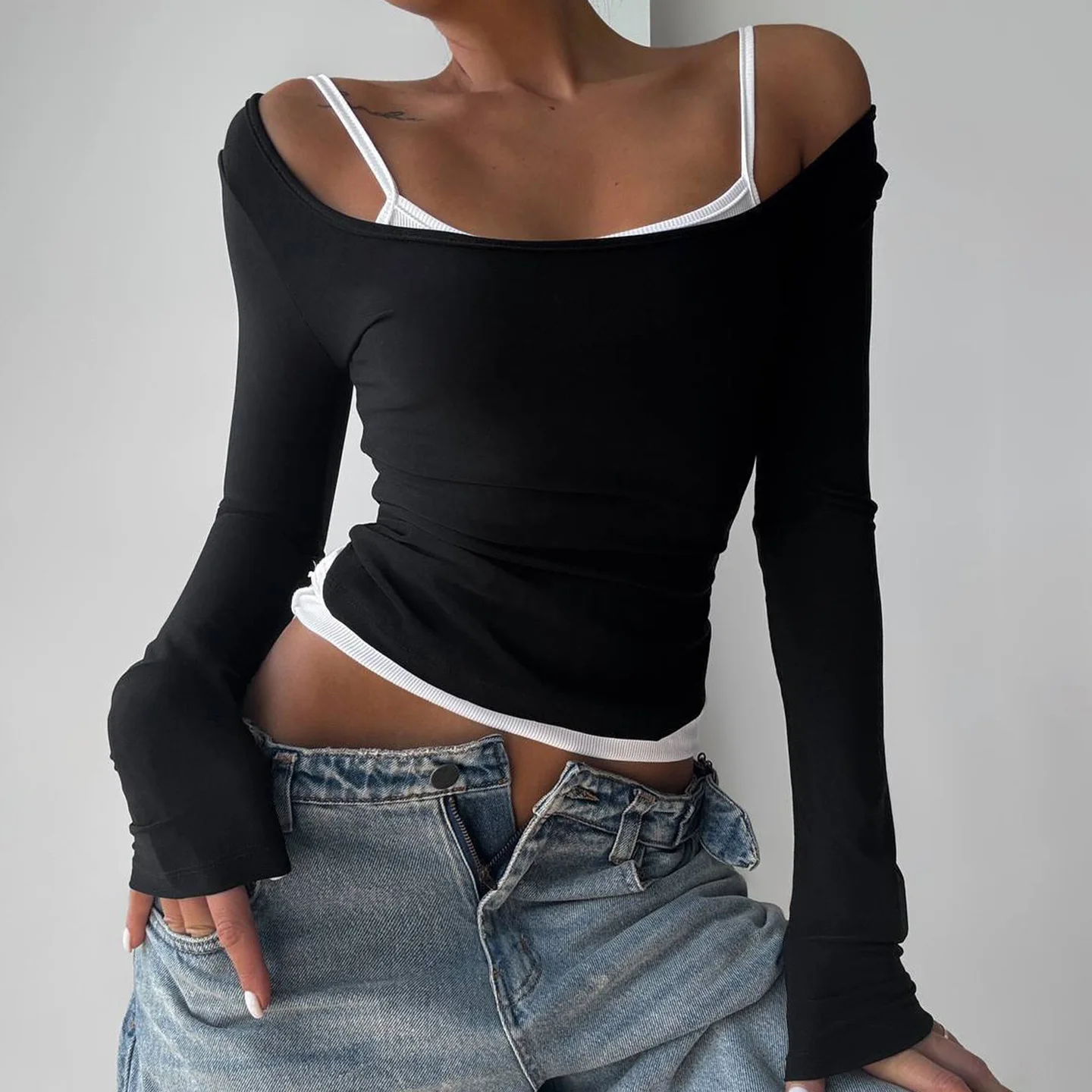 

Осенняя новая футболка с подтяжками и верхом контрастного цвета, комплект из двух предметов Spice Girl для женщин