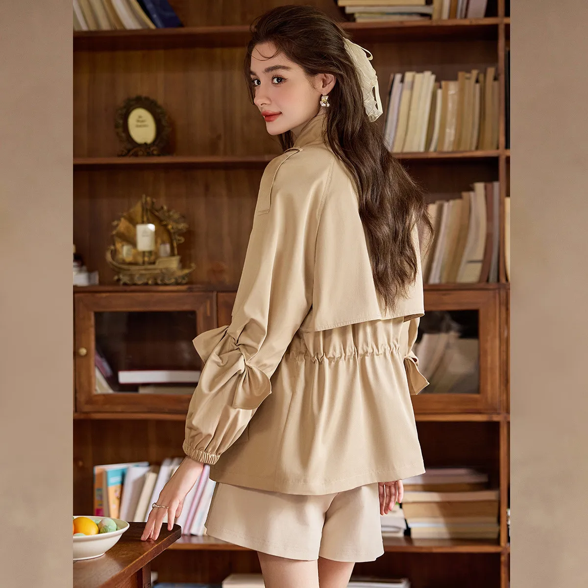 LOUISYAO Commuter Cardigan Coat 2025 Autumn Woven Non-Stretch Drop Sleeves Stand Collar Solid-Color Women's Trench Coat