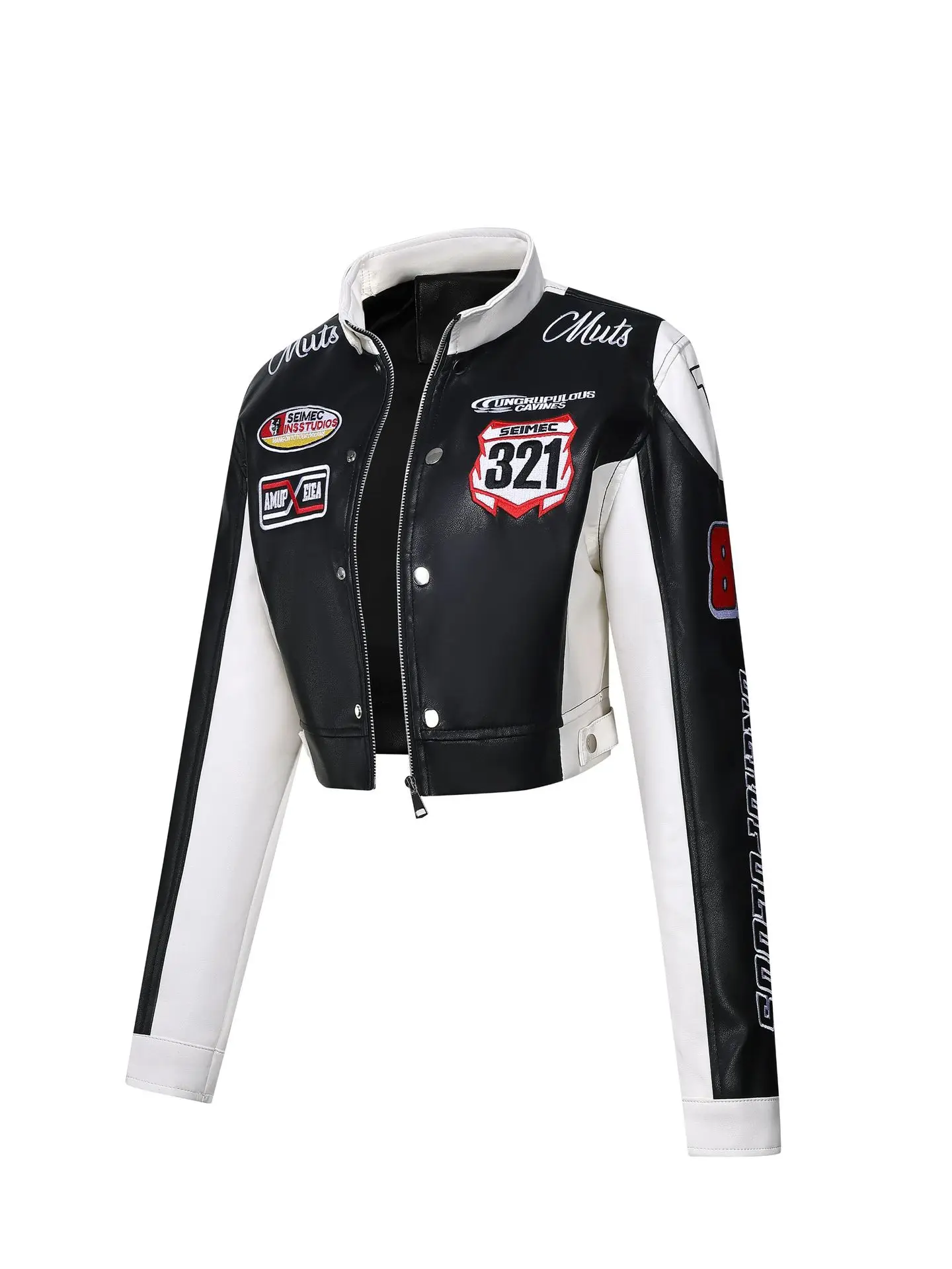 Women's Embroidered White PU Leather Jacket Motorcycle Wear Trendy Jazz Dance Autumn 2025 Collection New Arrival